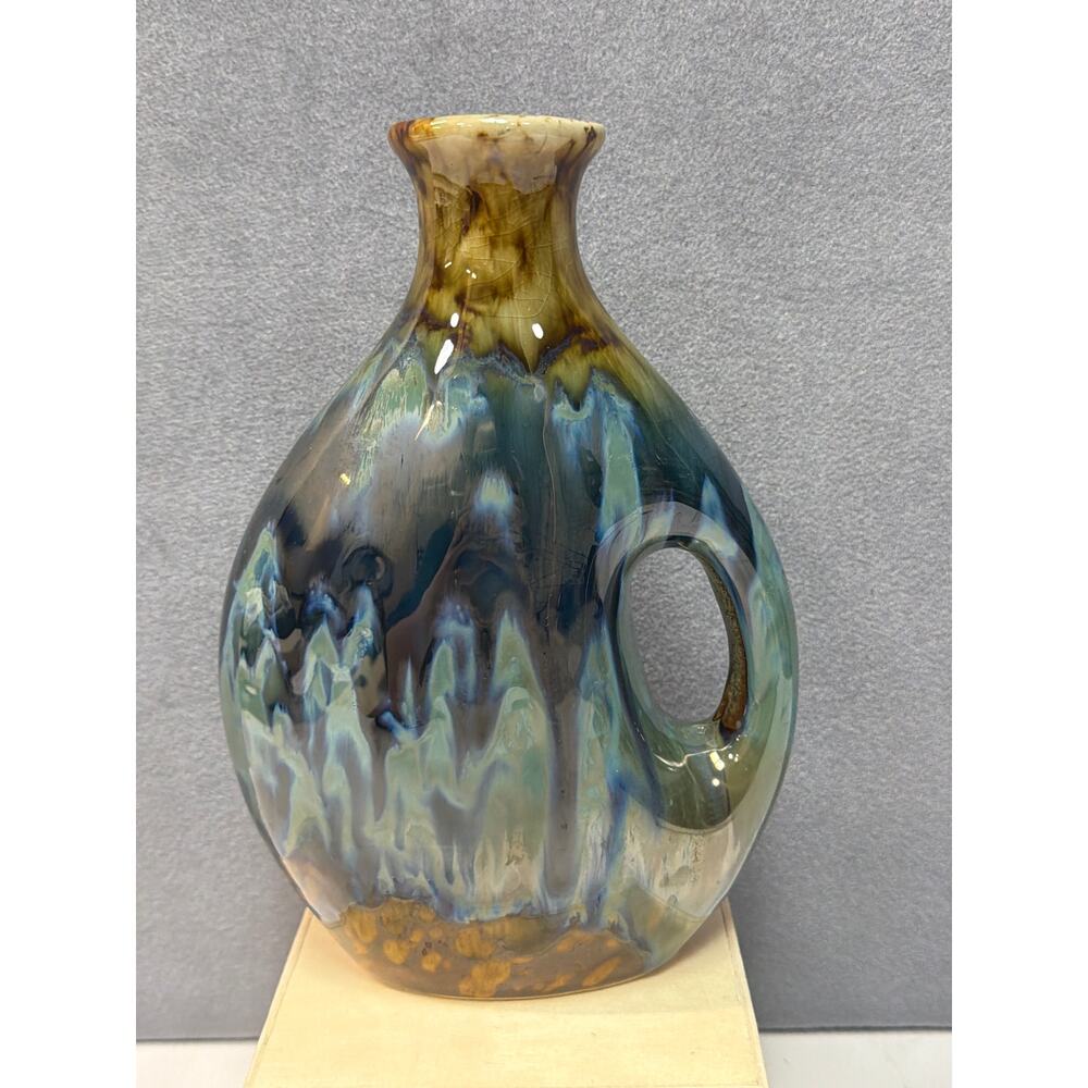 Handmade Decorative Vase Crystal Drip Glaze Brown Blue Ceramic Side Handle Jug